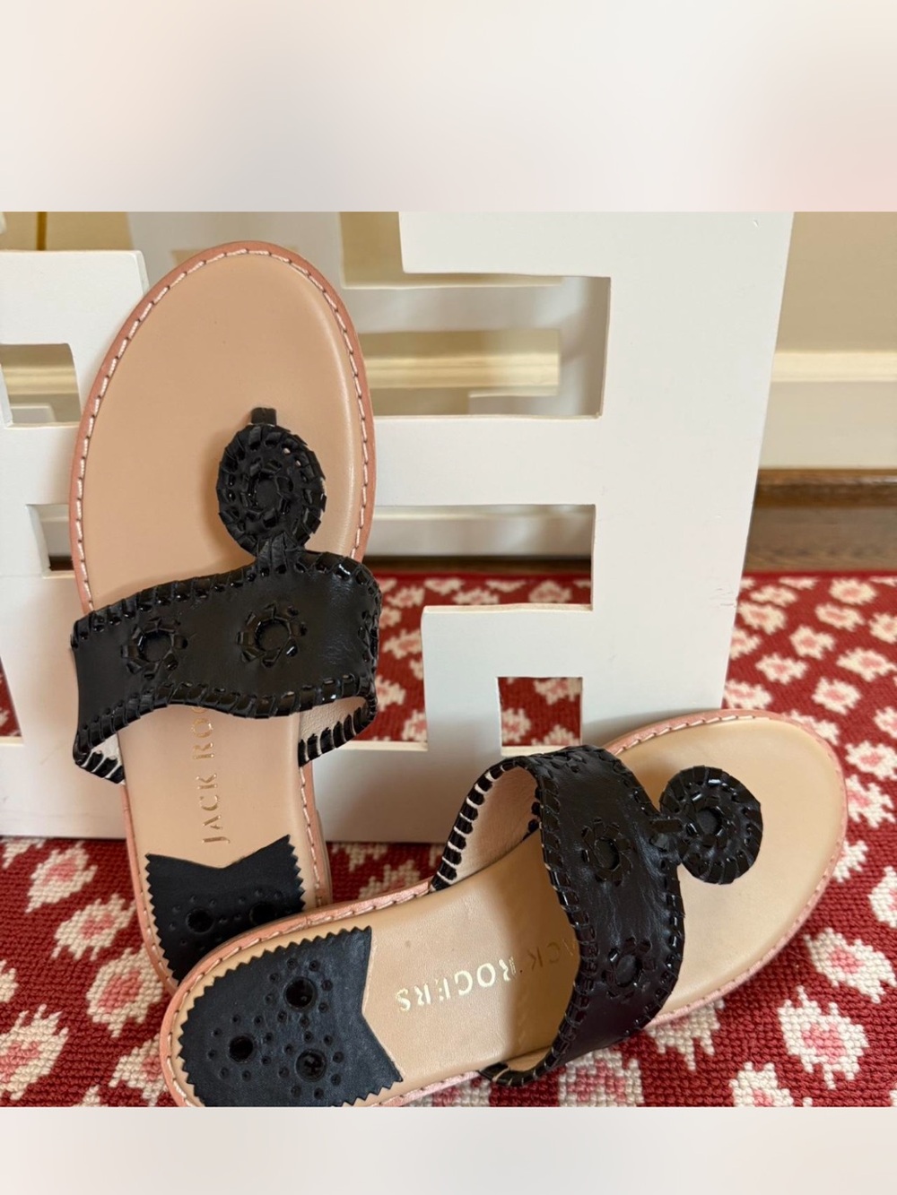 Jack Rogers Black Leather Marguerite Slide Sandals with Natural Footbed
